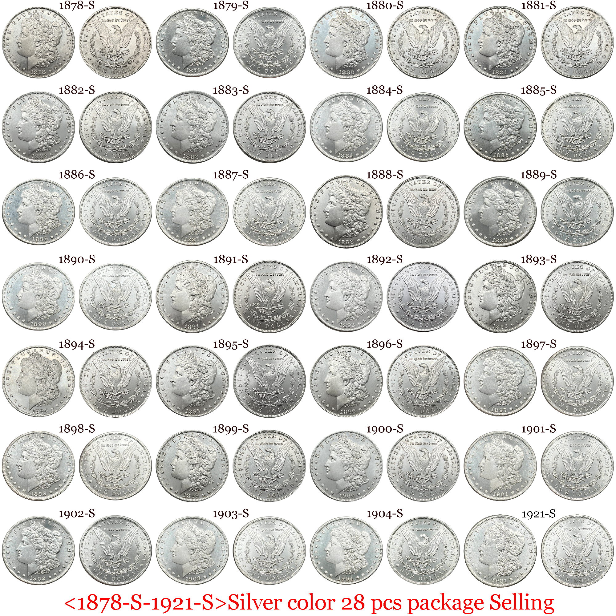 US 1878-1921 97 Pcs 1878-1921 No Mint 29 Pcs 1878 CC-1893 CC 13 Pcs 1879 O-1904 O 26 Pcs 1878 S-1921 S 28 Pcs United States America 1 One Dollar Morgan Silver Plated Replica Coin Commemorative Medal,Historical Collectible Art Craft For Enthusiasts
