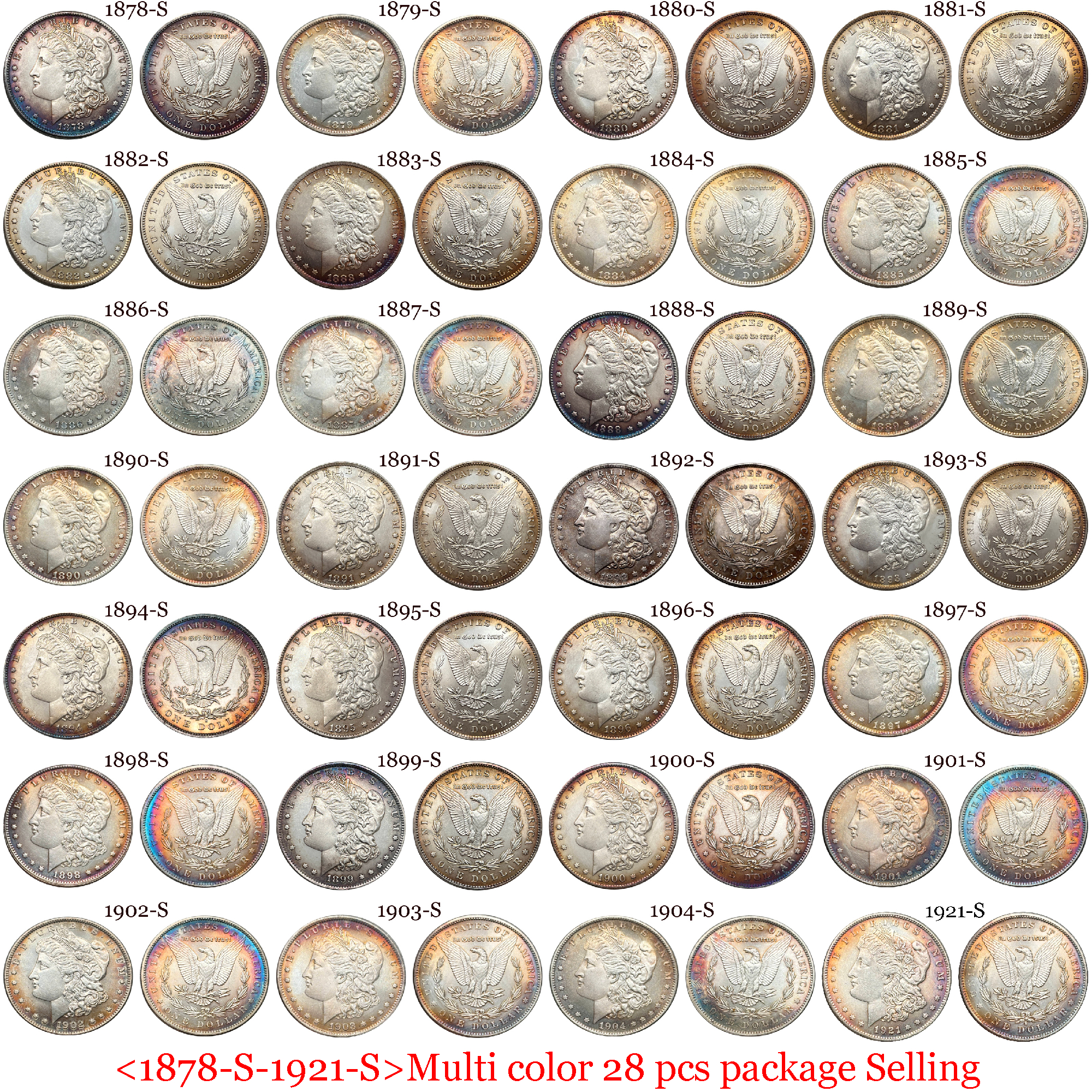 US 1878-1921 97 Pcs 1878-1921 No Mint 29 Pcs 1878 CC-1893 CC 13 Pcs 1879 O-1904 O 26 Pcs 1878 S-1921 S 28 Pcs United States America 1 One Dollar Morgan Silver Plated Replica Coin Commemorative Medal,Historical Collectible Art Craft For Enthusiasts