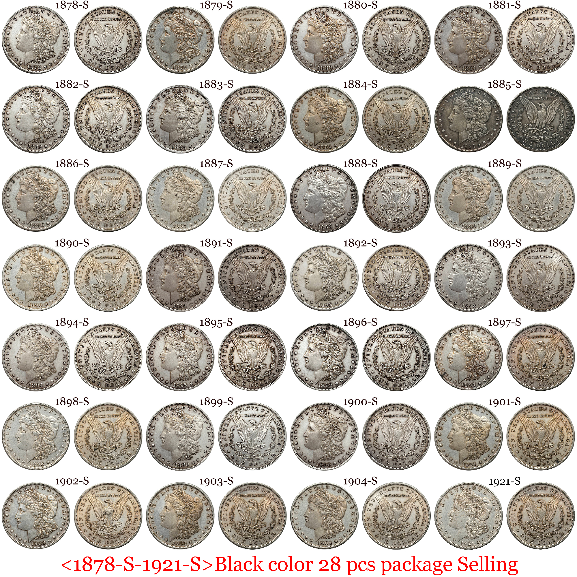 US 1878-1921 97 Pcs 1878-1921 No Mint 29 Pcs 1878 CC-1893 CC 13 Pcs 1879 O-1904 O 26 Pcs 1878 S-1921 S 28 Pcs United States America 1 One Dollar Morgan Silver Plated Replica Coin Commemorative Medal,Historical Collectible Art Craft For Enthusiasts