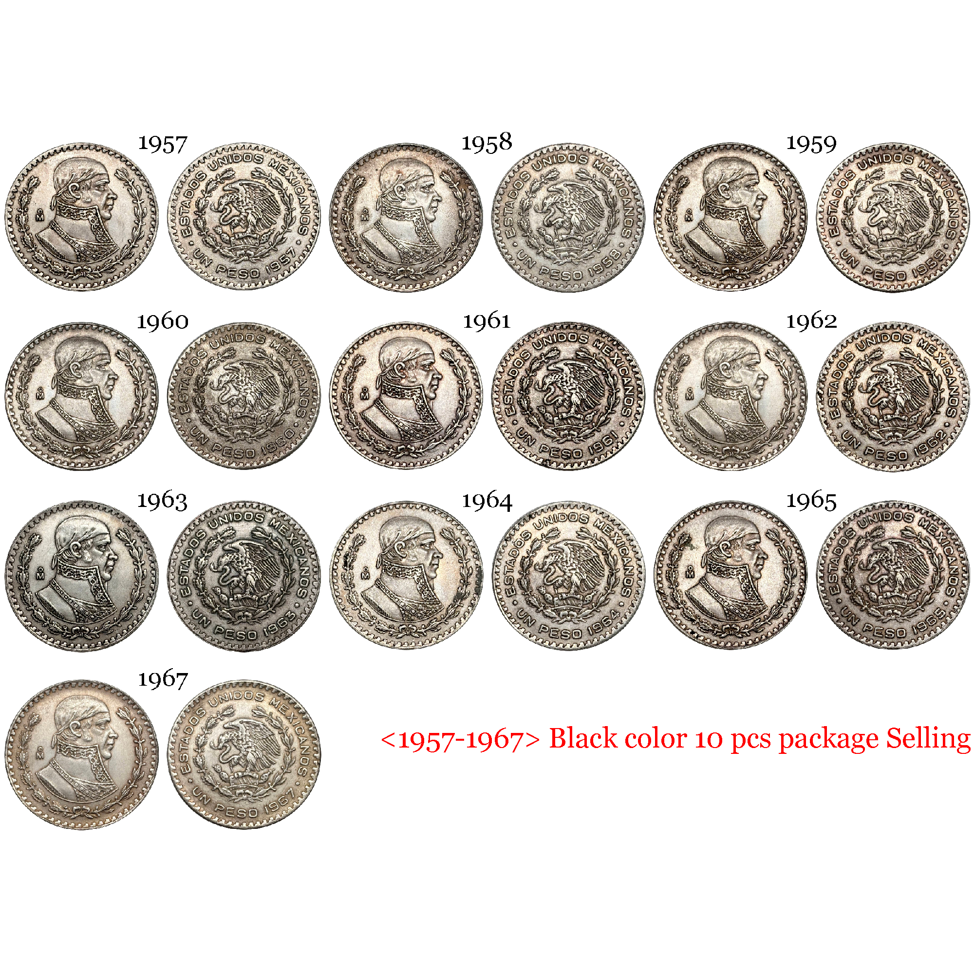 Mexico Republic 1 UN Peso Tepalcate 1957-1967 10 Pcs Silver Plated Replica Coin Commemorative Medal,Historical Collectible Art Craft For Enthusiasts