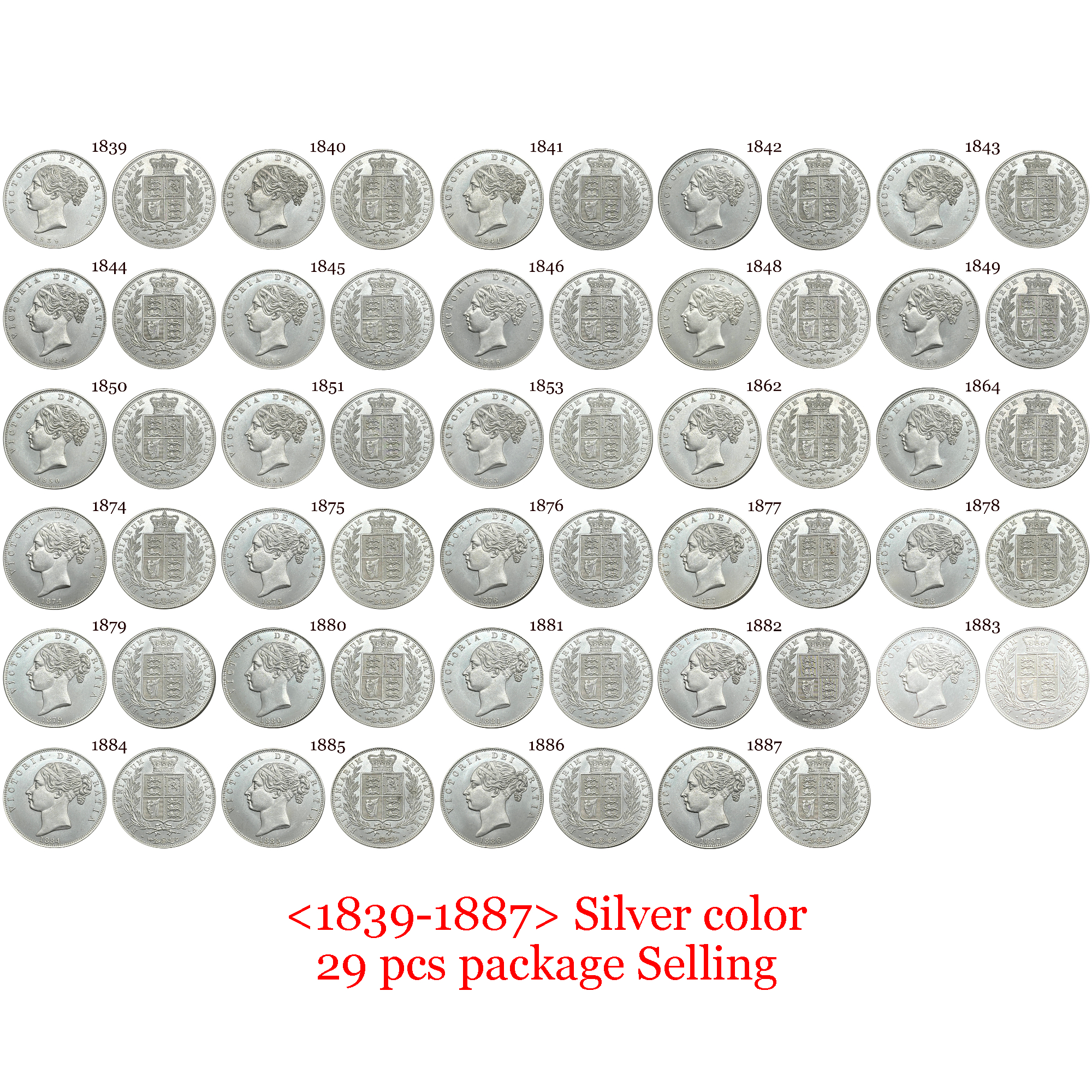 United Kingdom 1839-1887 29 Pcs Selling 1/2 Crown Victoria 1st Portrait Silver Plated Replica Coin Commemorative Medal,Historical Collectible Art Craft For Enthusiasts