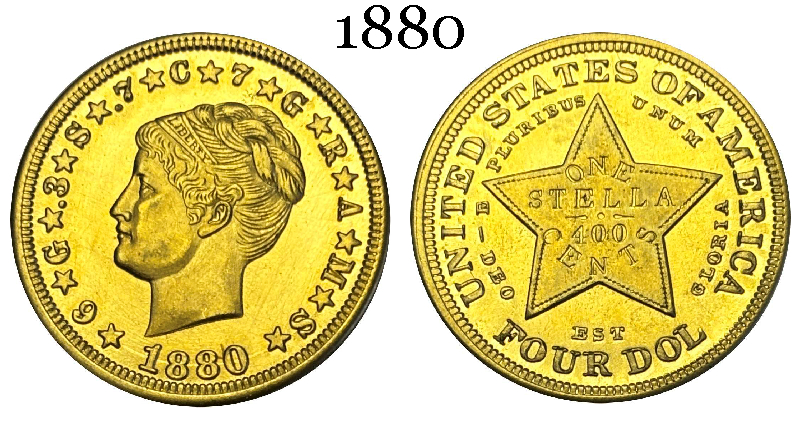 United States of America 1879 1880 1881 4 Dollars Head of Liberty One Stella 400 Cents US Brass Metal Replica Coin Commemorative Medal,Historical Collectible Art Craft For Enthusiasts