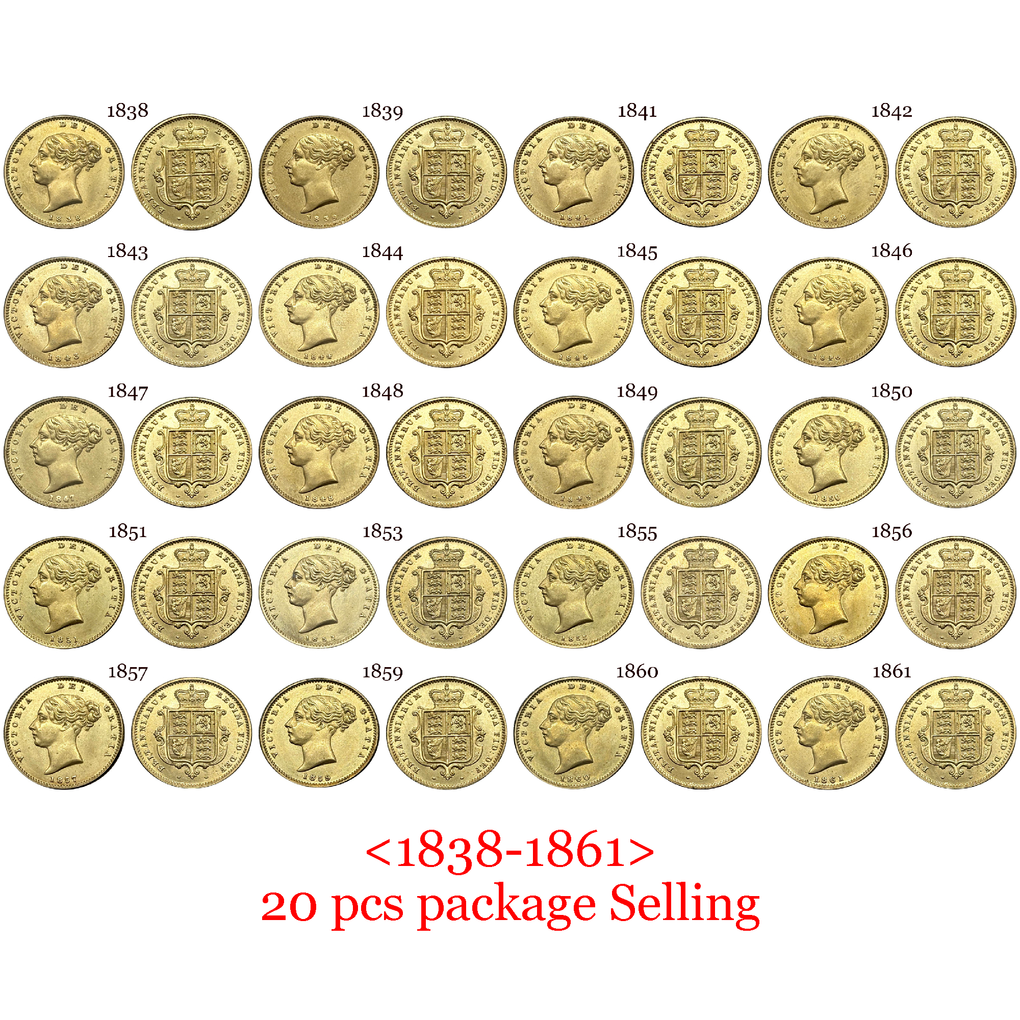 United Kingdom 1/2 Sovereign Victoria 1st portrait 1838 - 1861 20pcs Great Britain Gold Brass Metal Replica Coin Commemorative Medal,Historical Collectible Art Craft For Enthusiasts