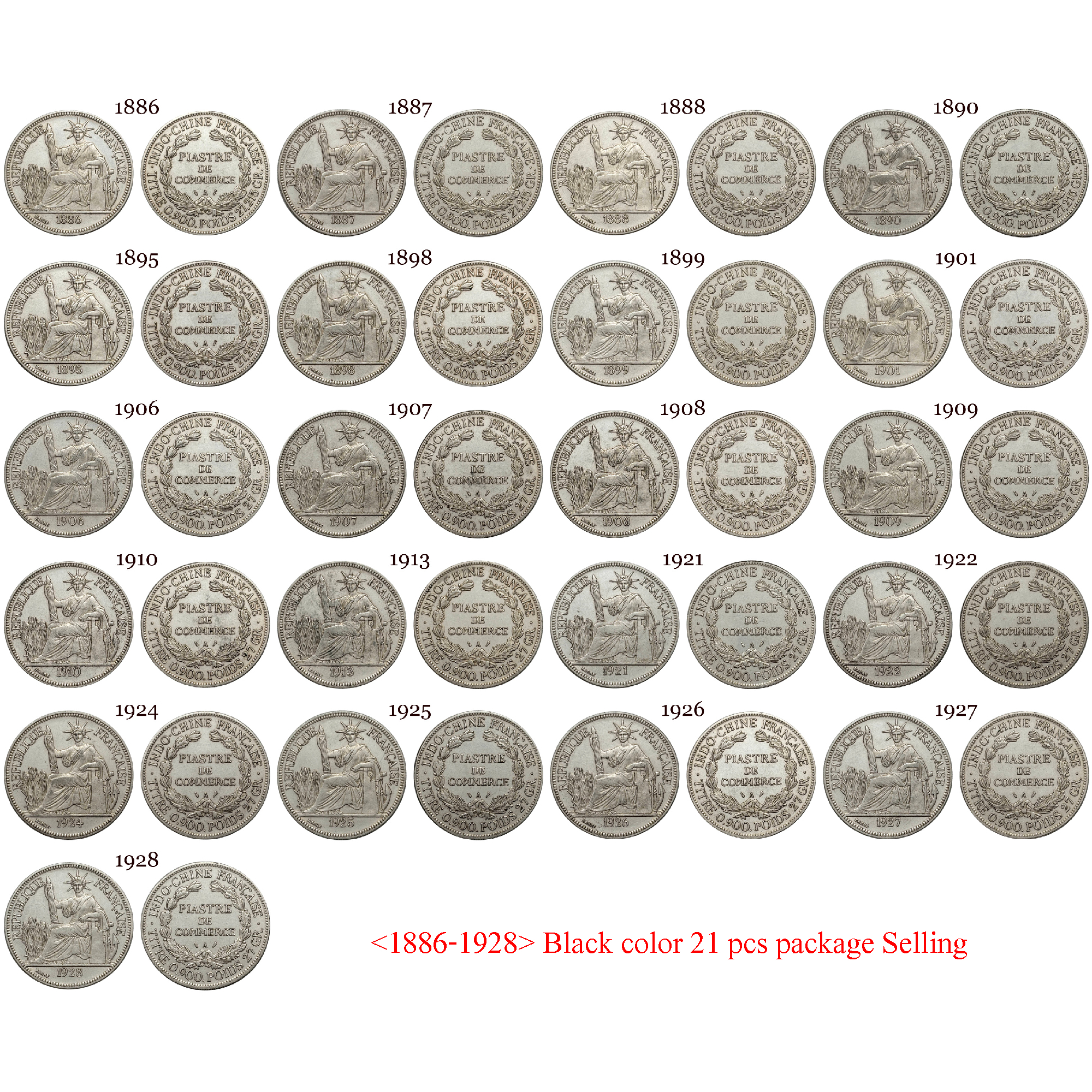 France Indochina 1 One Piastre 1886-1928 21 Pcs Selling Silver Plated Replica Coin Commemorative Medal,Historical Collectible Art Craft For Enthusiasts