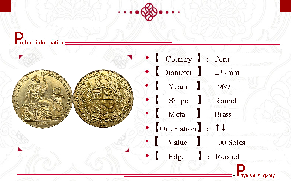 Peru Republic 1969 Lima 100 Soles Oro Libertad Gold Brass Metal Replica Coin Commemorative Medal,Historical Collectible Art Craft For Enthusiasts