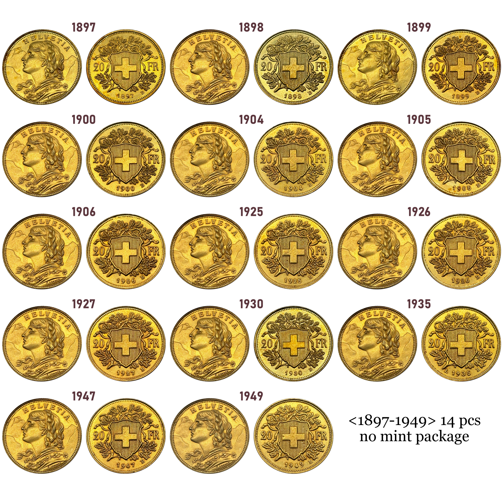 Switzerland Confederation Gold Plated 20 Francs 1897 - 1949 14 Pcs For Pack Sell LB Brass Metal Copy Commemorative Medal Collectible Coins,Historical Collectible Art Craft For Enthusiasts