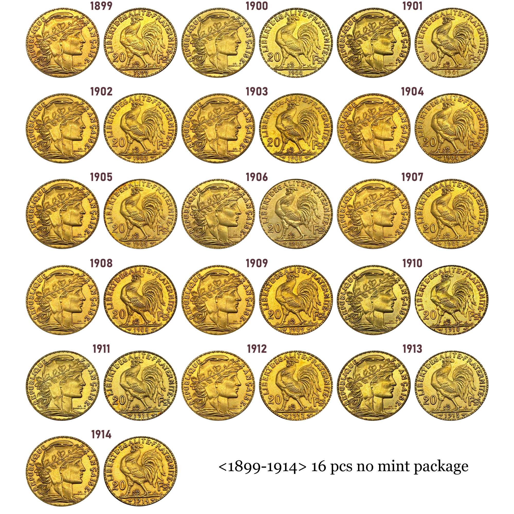Switzerland Confederation Gold Plated 20 Francs Marianne Rooster 1899 - 1914 16 Pcs For Pack Sell Brass Metal Copy Commemorative Medal Collectible Coins,Historical Collectible Art Craft For Enthusiasts