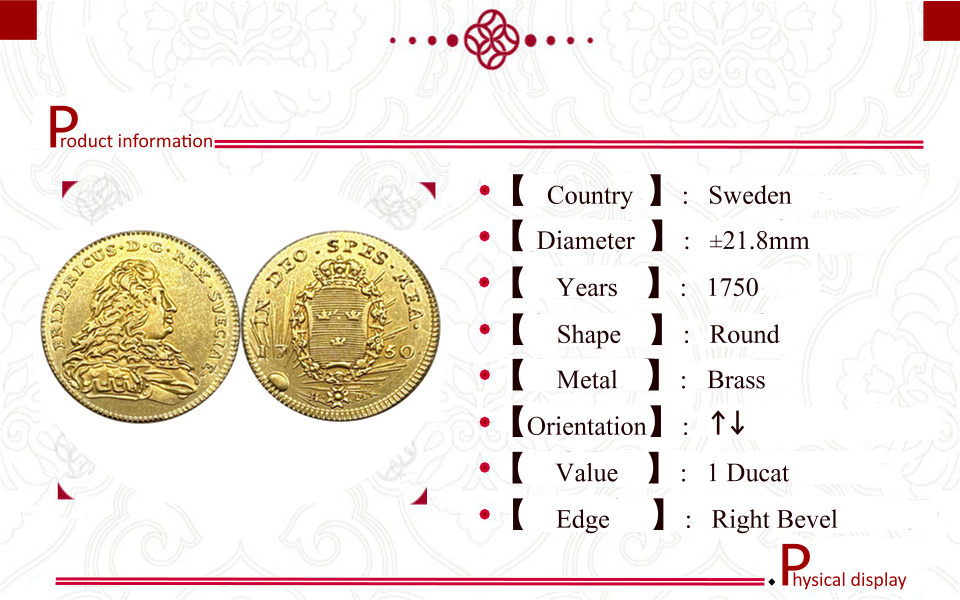 Sweden 1750 1 Ducat Frederick I Gold Brass Metal Replica Coin Commemorative Medal,Historical Collectible Art Craft For Enthusiasts