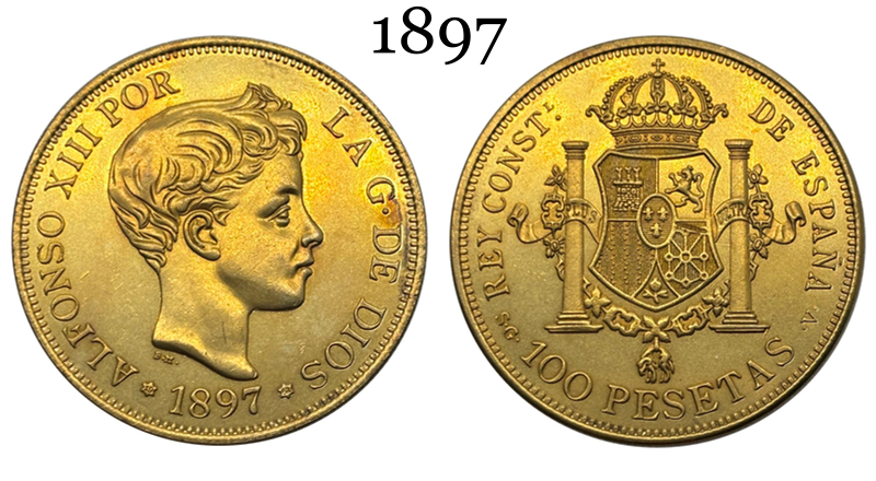Spain 1897 100 Pesetas Alfonso XIII 3rd Portrait Brass Metal Replica Coin Commemorative Medal,Historical Collectible Art Craft For Enthusiasts