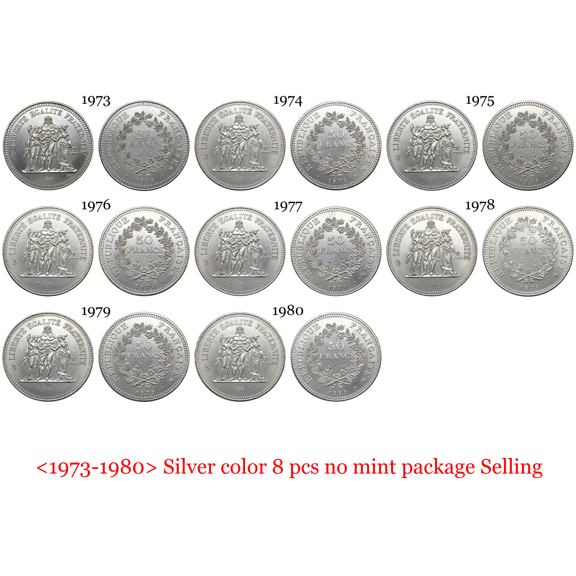 France 20 Francs 50 Francs Hercule 1973-1980 8 Pcs Package Sell Silver Plated Replica Coin Commemorative Medal,Historical Collectible Art Craft For Enthusiasts