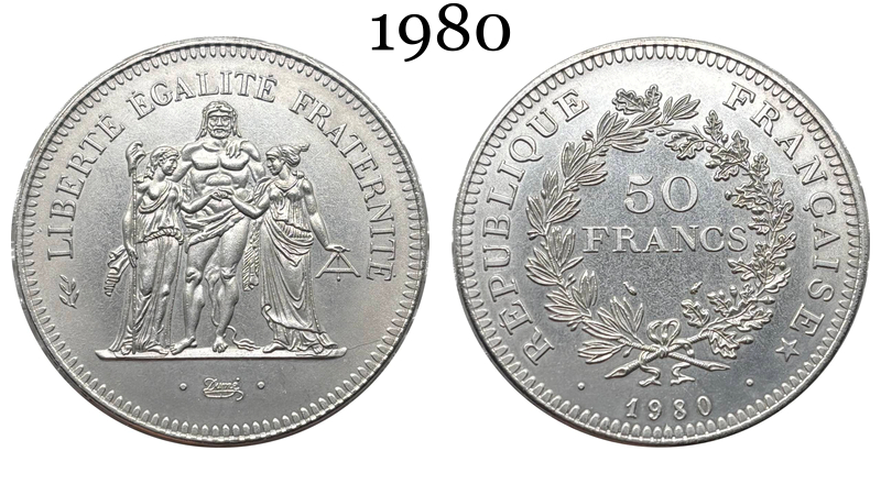 France 1974 1975 1976 1977 1978 1979 1980 50 Francs Hercule Silver Plated Replica Coin Commemorative Medal,Historical Collectible Art Craft For Enthusiasts