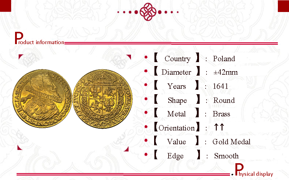 Poland 1641 Gold Medal Zygmunt III Waza Bydgoszcz Brass Metal Coins Replica Coin Commemorative Medal,Historical Collectible Art Craft For Enthusiasts