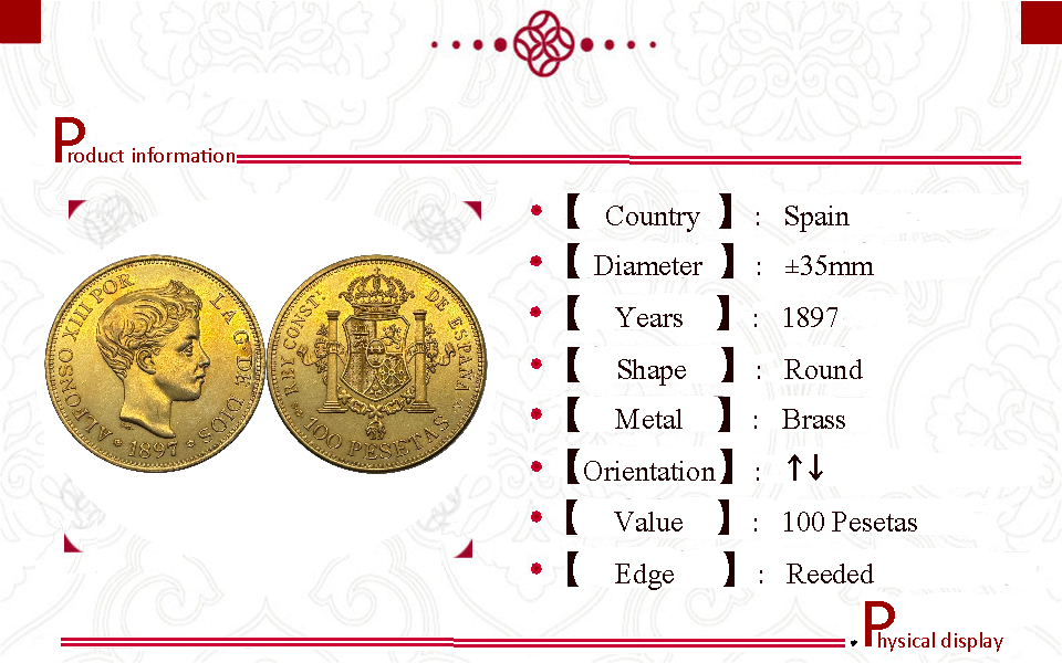 Spain 1897 100 Pesetas Alfonso XIII 3rd Portrait Brass Metal Replica Coin Commemorative Medal,Historical Collectible Art Craft For Enthusiasts