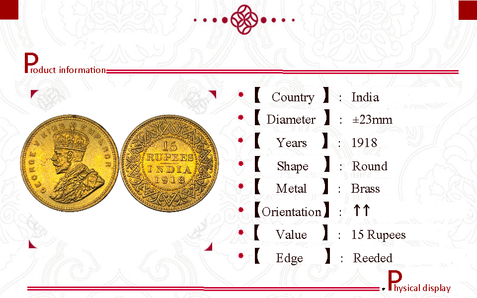 India 1918 15 Rupees George V King Emperor Gold Brass Metal Replica Coin Commemorative Medal,Historical Collectible Art Craft For Enthusiasts