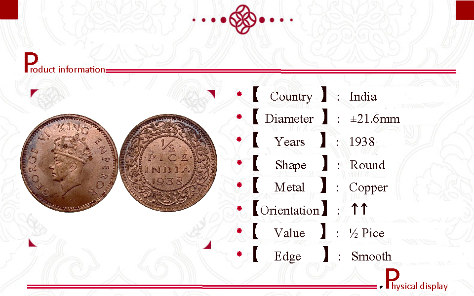 India British 1938 1/2 Pice George VI Copper Metal Replica Coin Commemorative Medal,Historical Collectible Art Craft For Enthusiasts