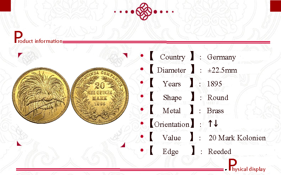 Federal Republic of Germany 1895 Replica 20 Mark Kolonien Deutsch Neuguinea Brass Metal Replica Coin Commemorative Medal,Historical Collectible Art Craft For Enthusiasts