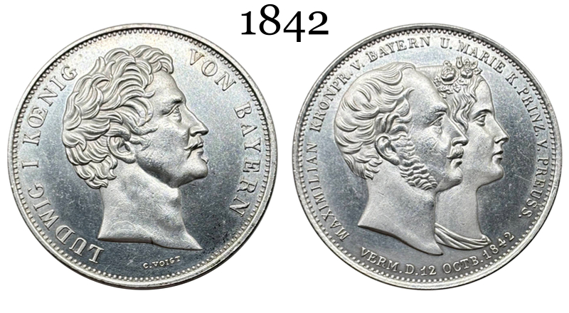 German States Kingdom of Bavaria 2 Thaler 3 1/2 Gulden Ludwig I Marriage 1842 Plated Silver Replica Coin Commemorative Medal,Historical Collectible Art Craft For Enthusiasts