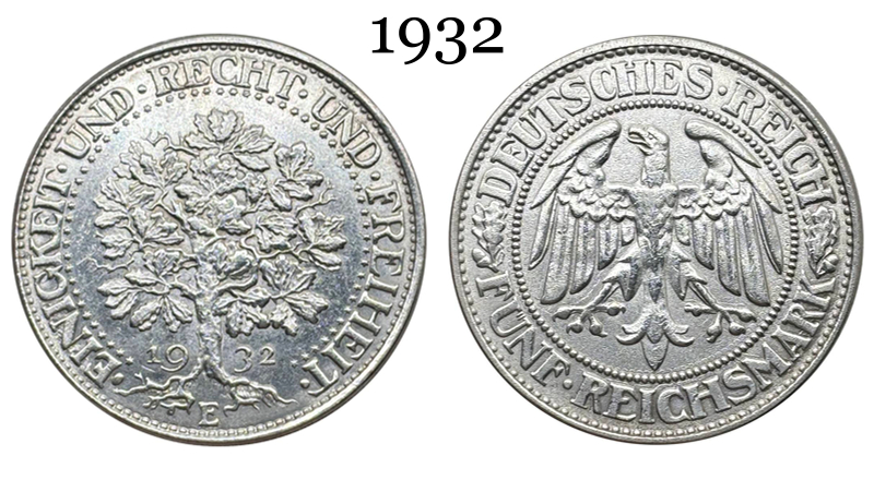 Germany Empire 5 Reichsmark Marks 1927 1928 1930 1932 Silver Plated Replica Coin Commemorative Medal,Historical Collectible Art Craft For Enthusiasts