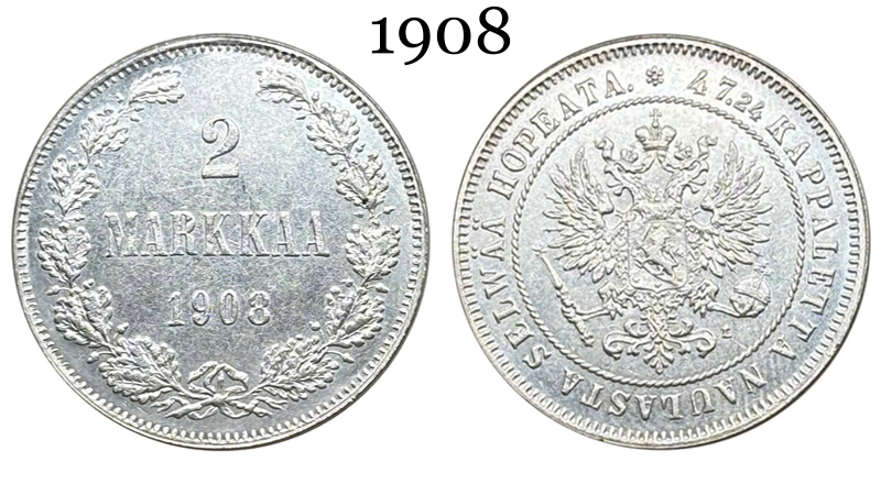 Russia Empire 1908 2 Markkaa Silver Plated Replica Coin Commemorative Medal,Historical Collectible Art Craft For Enthusiasts