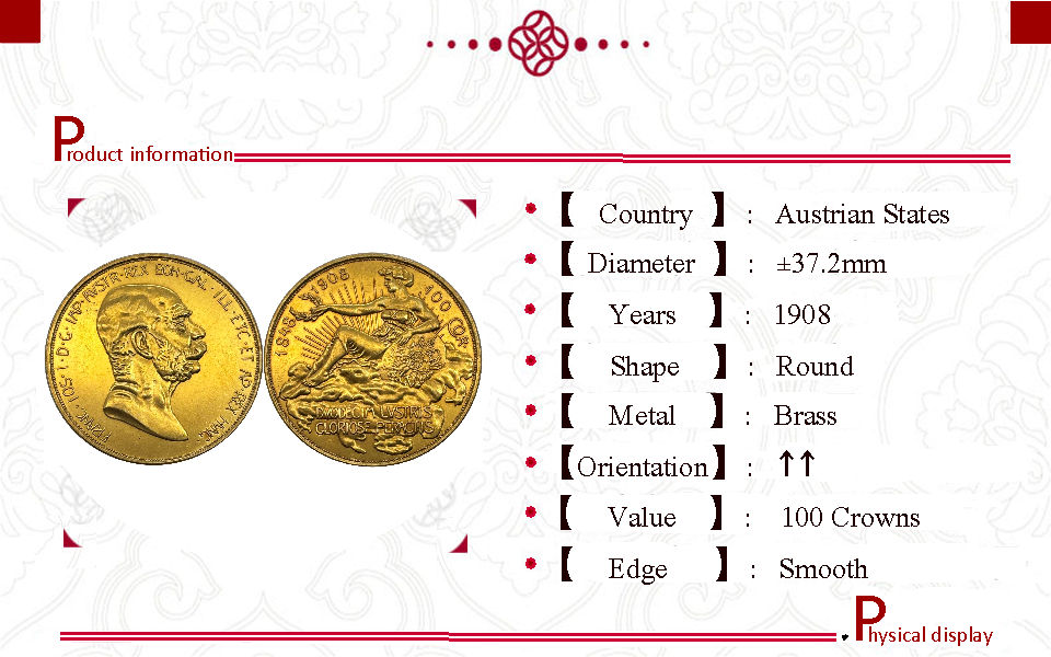 Austria Hungary 100 Corona 1848 1908 Franz Joseph I 60th Anniversary of Reign Gold Coin Brass Metal Replica Coin Commemorative Medal,Historical Collectible Art Craft For Enthusiasts