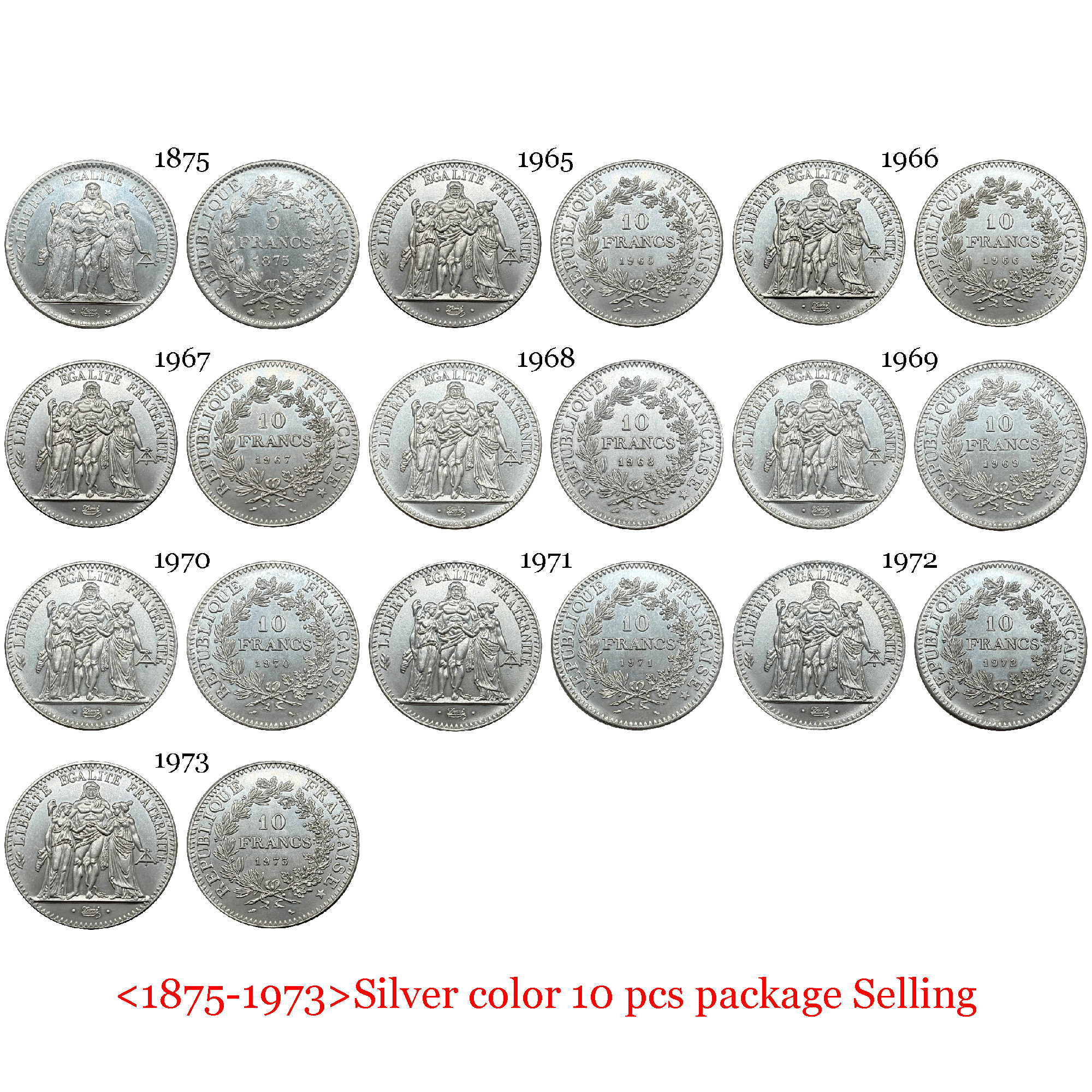 France Metropolitan 1965- 1973 10 Pcs Sell 10 Francs Fifth Republic Cupronickel Plated Silver Replica Coin Commemorative Medal,Historical Collectible Art Craft For Enthusiasts