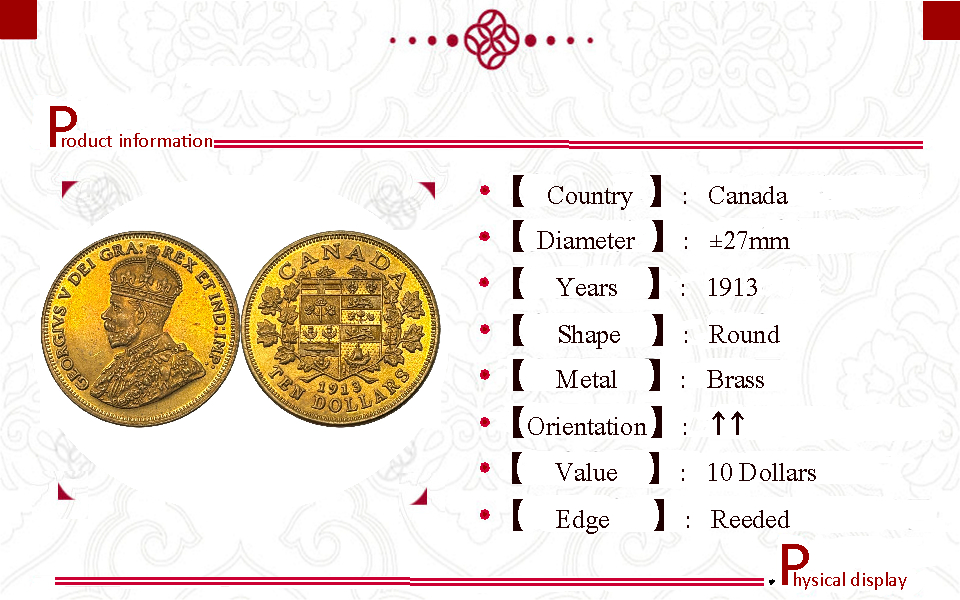 Canada 1913 10 Dollars George V Brass Metal Replica Coin Commemorative Medal,Historical Collectible Art Craft For Enthusiasts
