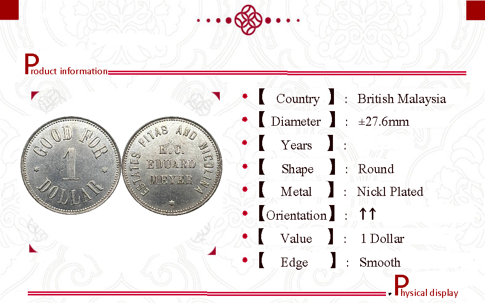 British Malaysia 1 Dollar Nicolina Estate Cu Ni Token Nickl Plated Metal Replica Coin Commemorative Medal,Historical Collectible Art Craft For Enthusiasts