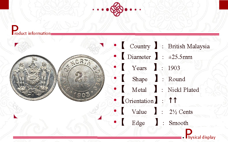 British Malaysia 1903 2 1/2 Cents North Borneo Nickel Plated Metal Replica Coin Commemorative Medal,Historical Collectible Art Craft For Enthusiasts