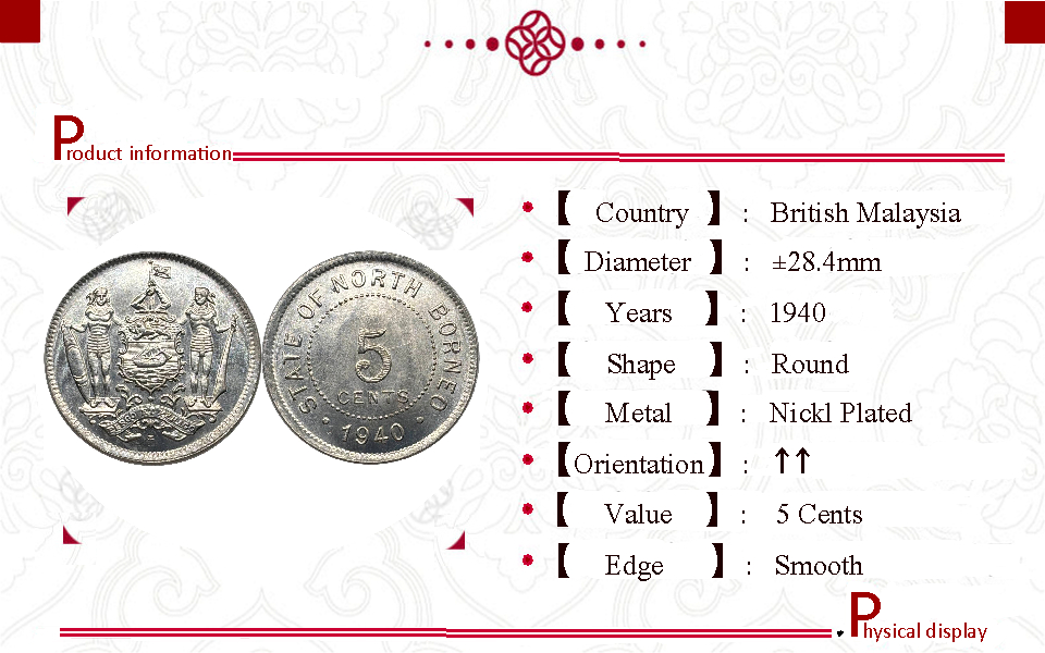 British Malaysia 1940 5 Cents North Borneo Nickl Plated Metal Replica Coin Commemorative Medal,Historical Collectible Art Craft For Enthusiasts