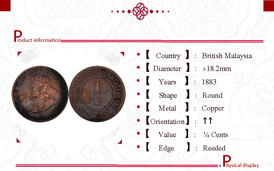 British Malaysia 1883 1/4 Cent George V Straits Settlements Copper Metal Replica Coin Commemorative Medal,Historical Collectible Art Craft For Enthusiasts