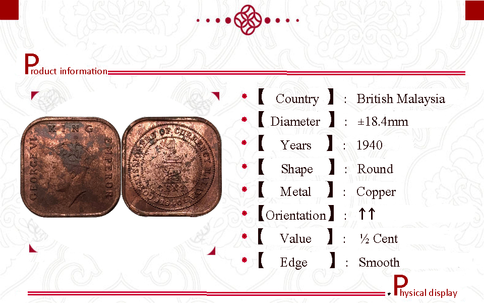 British Malaysia 1940 1/2 Cent George VI Copper Metal Replica Coin Commemorative Medal,Historical Collectible Art Craft For Enthusiasts