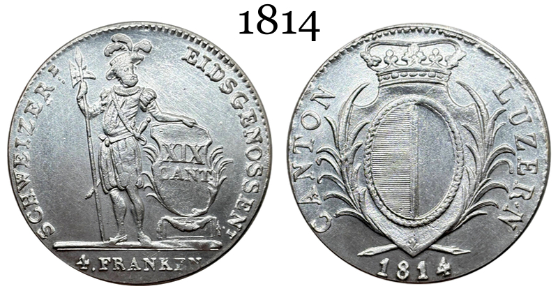 Swiss Canton Of Lucerne 1814 4 Franken Standing Silver Plated Replica Coin Commemorative Medal,Historical Collectible Art Craft For Enthusiasts
