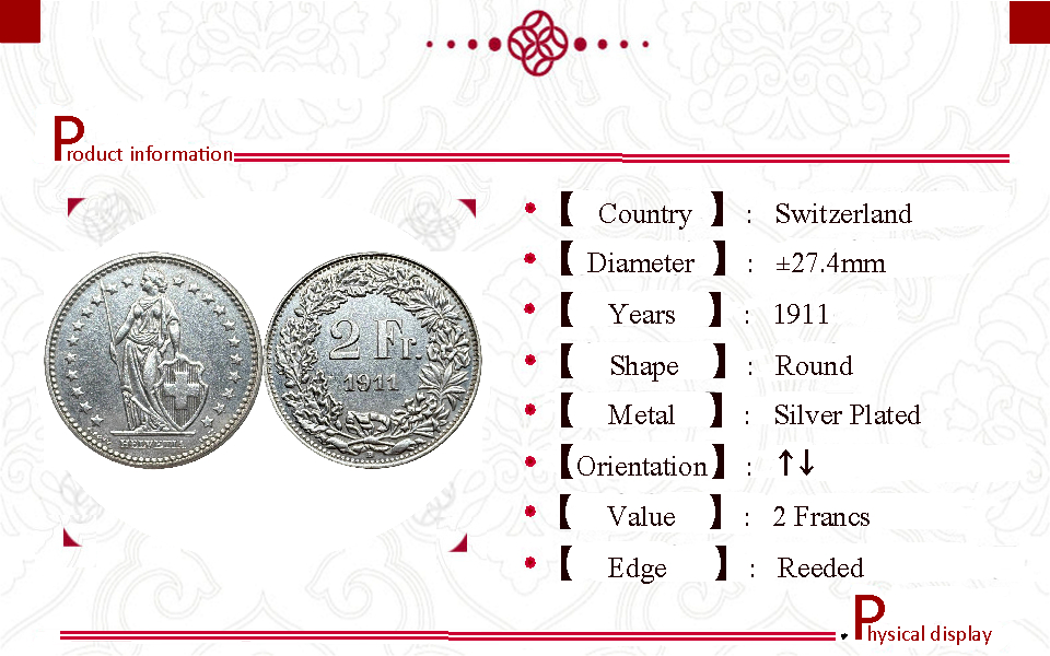 Switzerland 1911 1964 2 Francs Helvetia Standing Silver Plated Replica Coin Commemorative Medal,Historical Collectible Art Craft For Enthusiasts