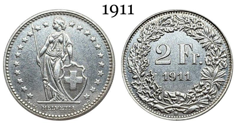 Switzerland 1911 1964 2 Francs Helvetia Standing Silver Plated Replica Coin Commemorative Medal,Historical Collectible Art Craft For Enthusiasts