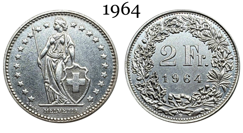 Switzerland 1911 1964 2 Francs Helvetia Standing Silver Plated Replica Coin Commemorative Medal,Historical Collectible Art Craft For Enthusiasts
