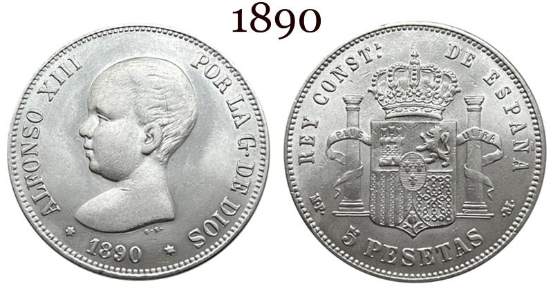 Spain 1890 1892 5 Pesetas ESP Alfonso XIII Silver Plated Replica Coin Commemorative Medal,Historical Collectible Art Craft For Enthusiasts