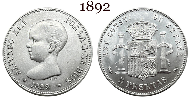 Spain 1890 1892 5 Pesetas ESP Alfonso XIII Silver Plated Replica Coin Commemorative Medal,Historical Collectible Art Craft For Enthusiasts
