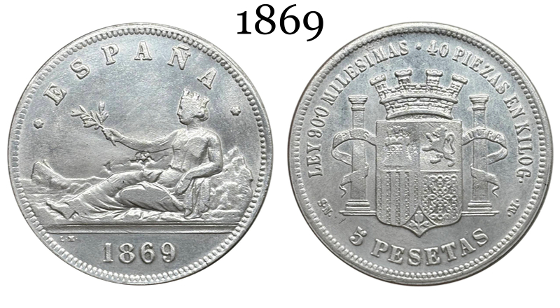 Spain Provisional Government 5 Pesetas 1869 Brass Plated Silver Replica Coin Commemorative Medal,Historical Collectible Art Craft For Enthusiasts