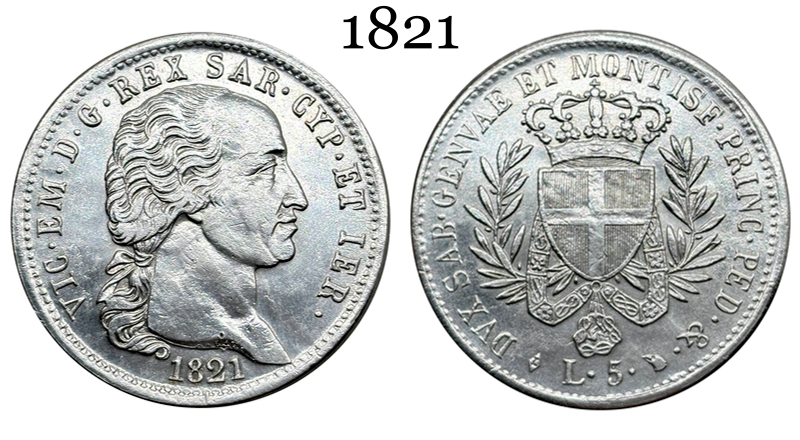 Italian States 1821 5 Lire Victor Emmanuel I Piedmont Sardinia Silver Plated Replica Coin Commemorative Medal,Historical Collectible Art Craft For Enthusiasts