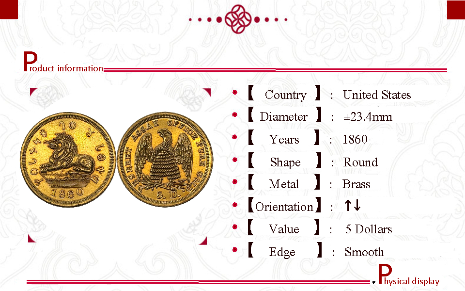United States 5 Dollars Lion Beehive Mormon 1860 US Gold Coin Brass Metal Replica Coin Commemorative Medal,Historical Collectible Art Craft For Enthusiasts