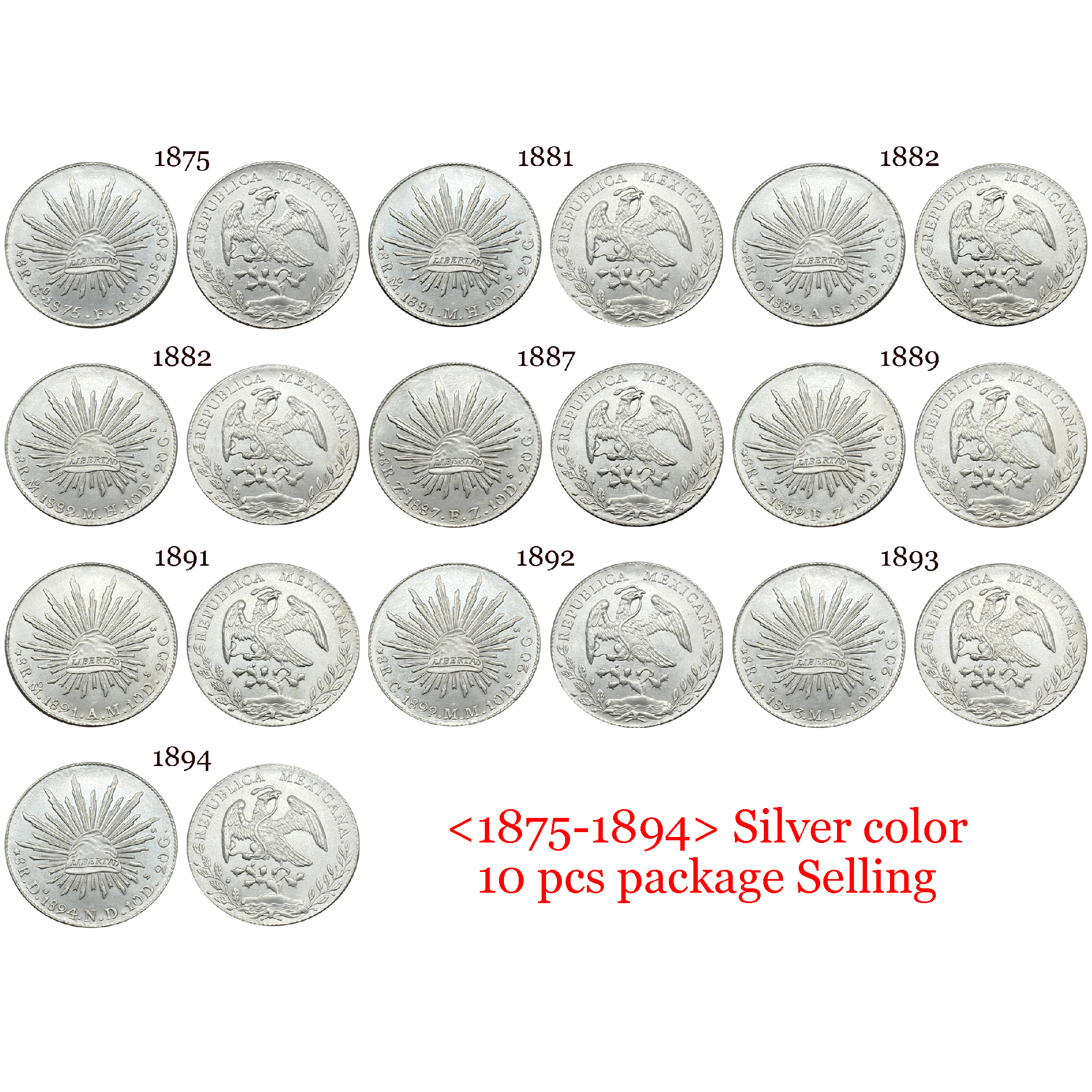Mexico 1875 -1894 10 Pcs Selling 8 Reales Eagle With Snake Silver Plated Replica Coin Commemorative Medal,Historical Collectible Art Craft For Enthusiasts