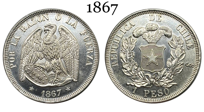 Chile Republic 1867 1 Peso Por La Razon O La Fuerza Silver Plated Replica Coin Commemorative Medal,Historical Collectible Art Craft For Enthusiasts