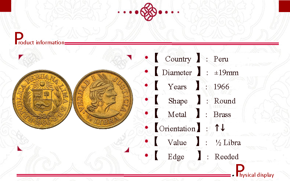 Peru 1966 1/2 Libra Trade Coinage Half Libra Brass Metal Replica Coin Commemorative Medal,Historical Collectible Art Craft For Enthusiasts