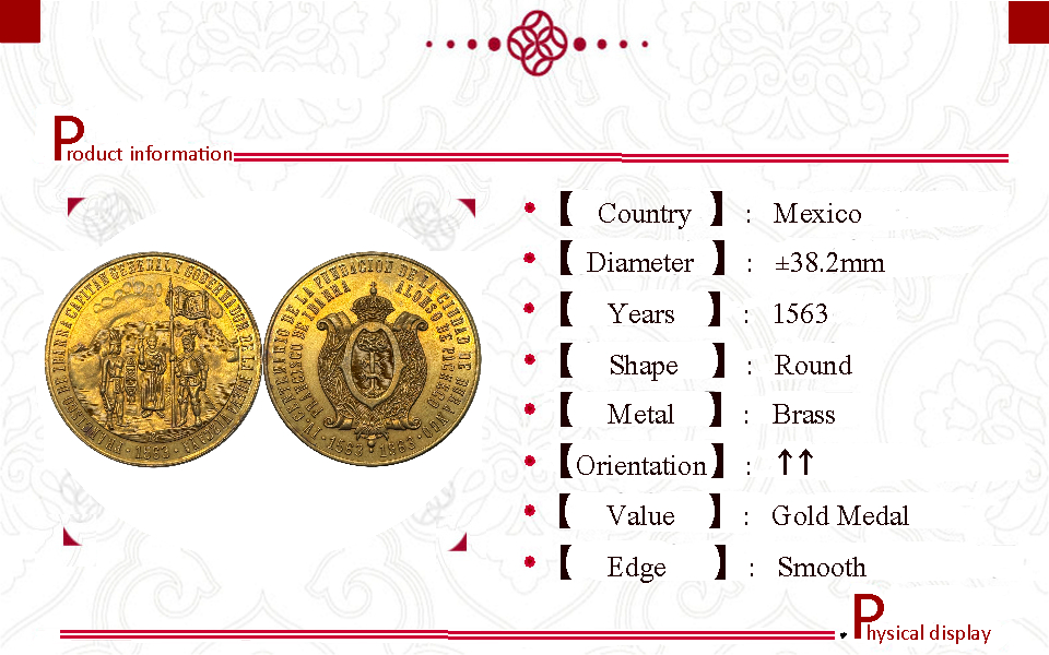 Mexico 1563 1963 City Of Durango Medal Gold Brass Metal Replica Coin Commemorative Medal,Historical Collectible Art Craft For Enthusiasts