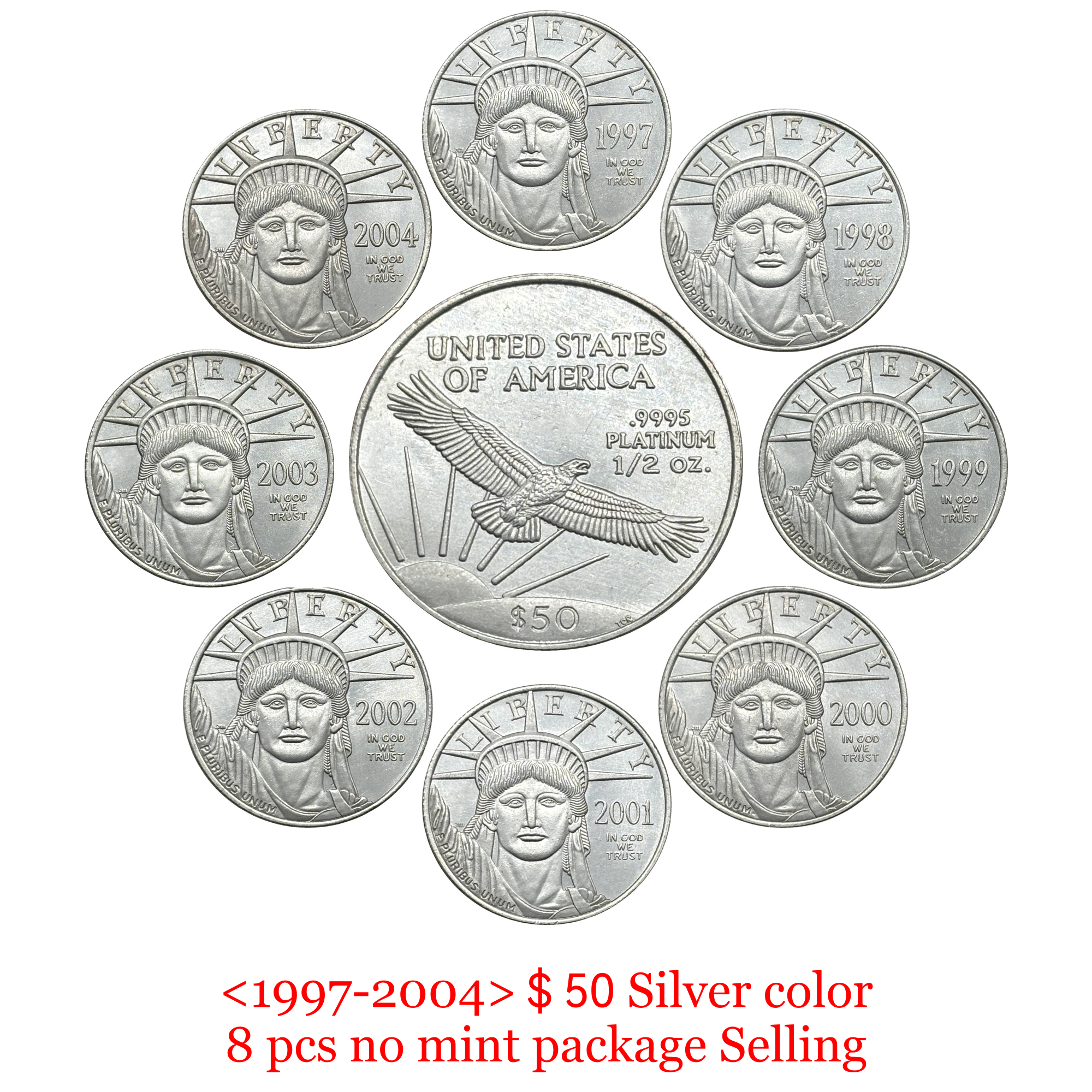 United States 1997-2004 16 Pcs 1997-2004 8 Pcs 1997-2004 W 8 Pcs Package Sell Liberty 50 Dollars American Platinum Eagle US Silver Plated Replica Coin Commemorative Medal,Historical Collectible Art Craft For Enthusiasts