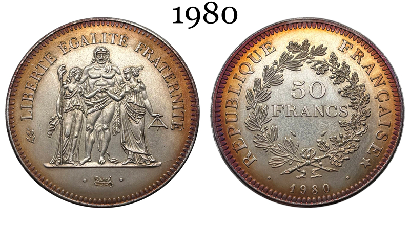 France 1974 1975 1976 1977 1978 1979 1980 50 Francs Hercule Silver Plated Replica Coin Commemorative Medal,Historical Collectible Art Craft For Enthusiasts
