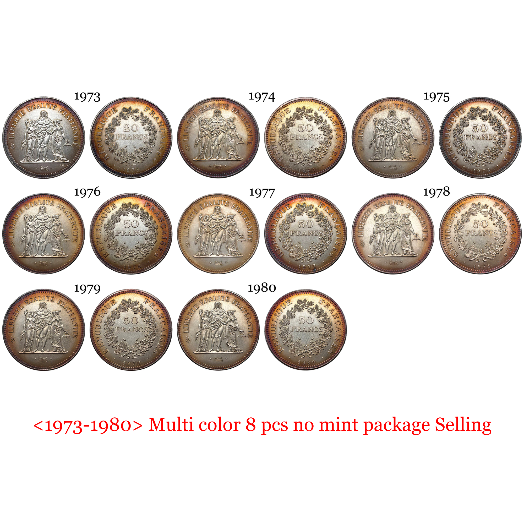 France 20 Francs 50 Francs Hercule 1973-1980 8 Pcs Package Sell Silver Plated Replica Coin Commemorative Medal,Historical Collectible Art Craft For Enthusiasts
