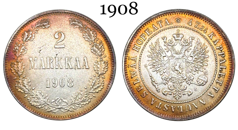 Russia Empire 1908 2 Markkaa Silver Plated Replica Coin Commemorative Medal,Historical Collectible Art Craft For Enthusiasts