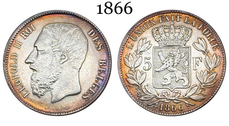 Belgium 1866 1873 5 Francs Leopold II Small Head Silver Plated Metal Replica Coin Commemorative Medal,Historical Collectible Art Craft For Enthusiasts