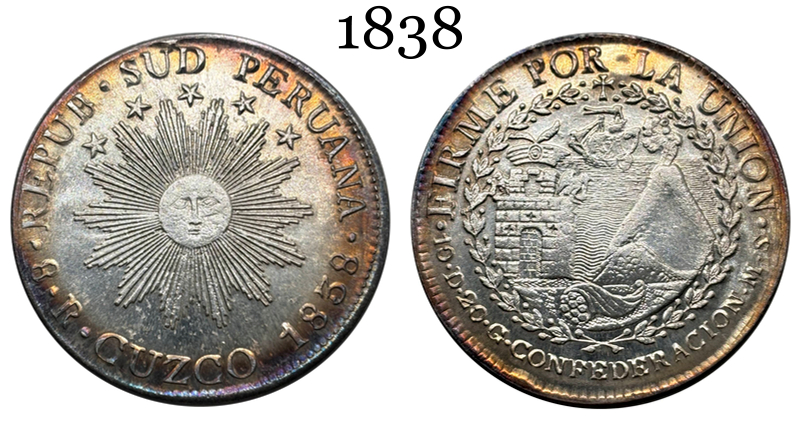 Peru 1838 South Peru Cuzco MS 8 Reales Sun Face Volcano peso Plated Silver Metal Replica Coin Commemorative Medal,Historical Collectible Art Craft For Enthusiasts
